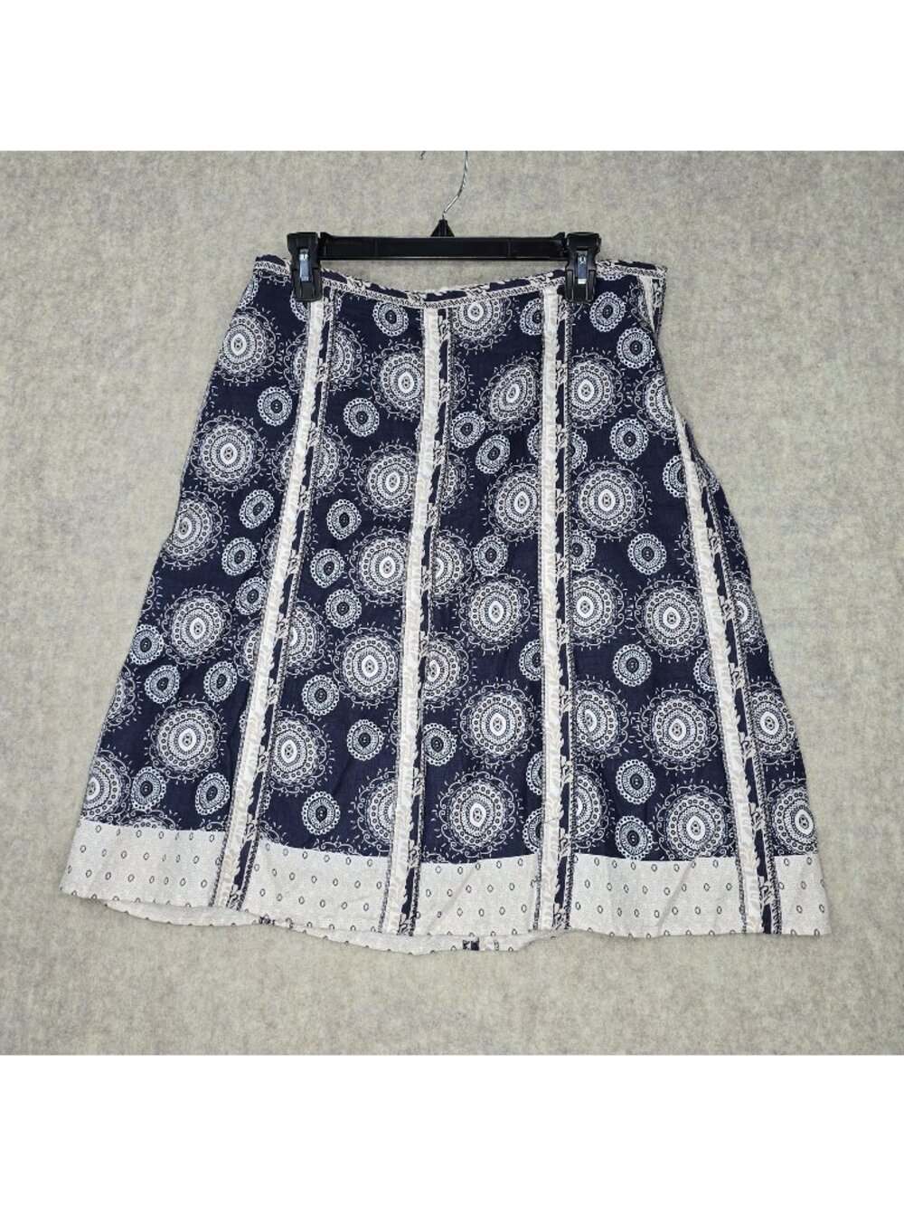 Navy Blue Midi Skirt Mandala Design Accents Side Zipper Cotton Blend Size 8